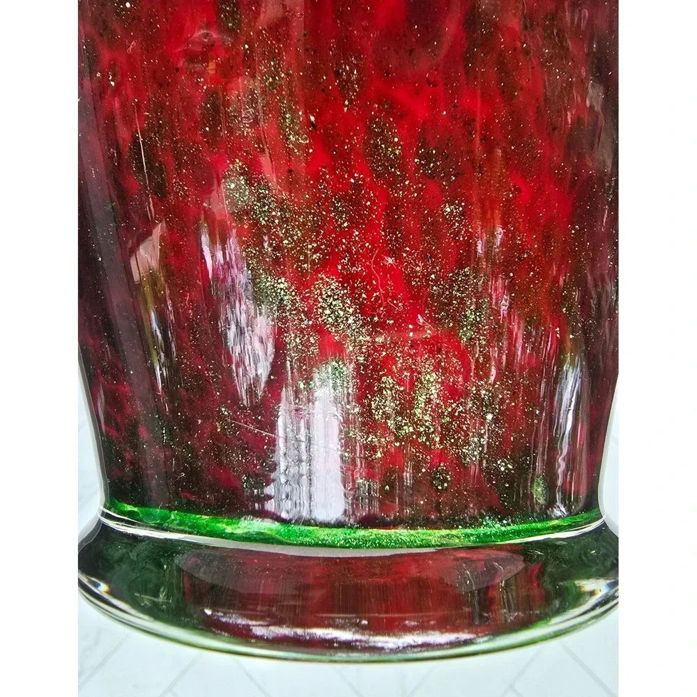 Hand Blown Double Handle Amphora Art Glass Vase Red Gold Green Aventurine 10in